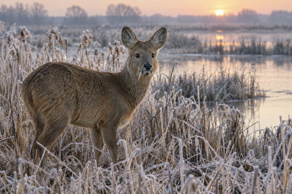 Cerf d’eau chinois parmi les roseaux givrés près d’un étang