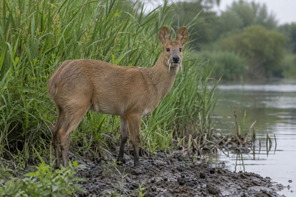 Sur la berge boueuse, le cerf d’eau chinois se tient parmi les roseaux verts