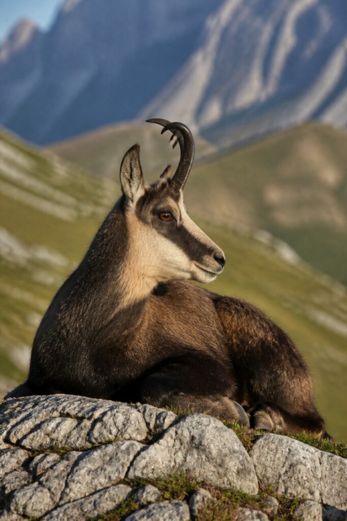 Camurça alpina em repouso numa crista rochosa sob luz quente de montanha