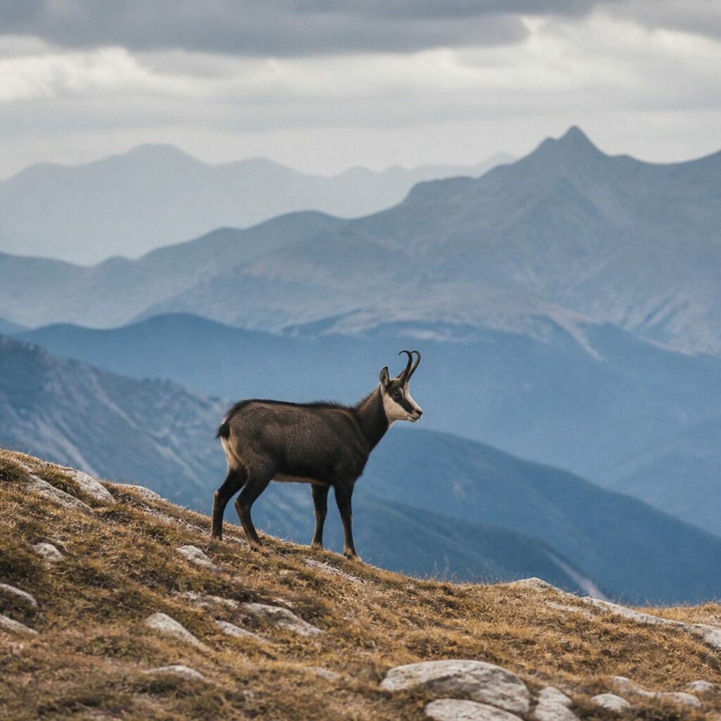 Chamois des Alpes au repos sur une pente herbeuse face aux sommets bleutés