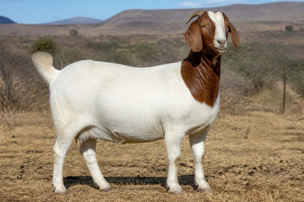 Chèvre Boer adulte dans un élevage de l’Eastern Cape, Afrique du Sud