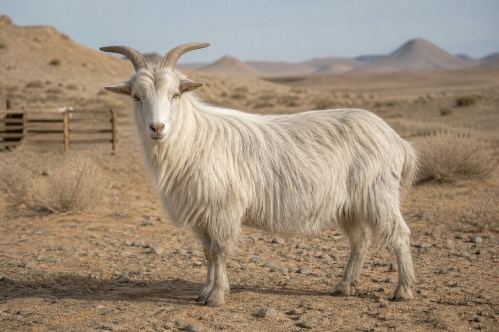 Chèvre cachemire adulte dans une ferme de l’Alashan, Mongolie-Intérieure