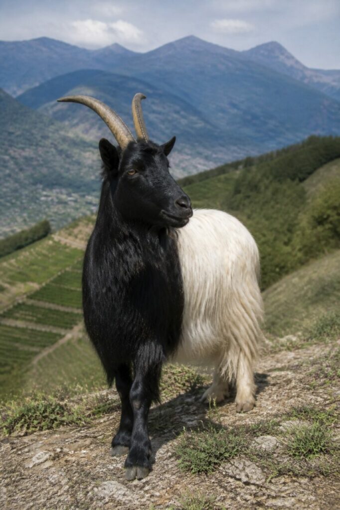 Zoccolo anteriore sollevato durante il passo in montagna — Capra Vallesana dal collo nero