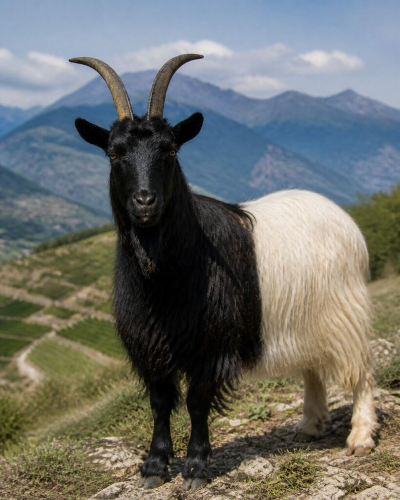 Muso nero e lunghe corna davanti alle cime — Capra Vallesana dal collo nero