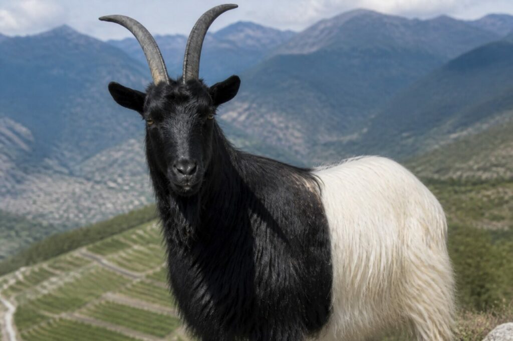 Corna arcuate sopra il mantello bianco e nero — Capra Vallesana dal collo nero