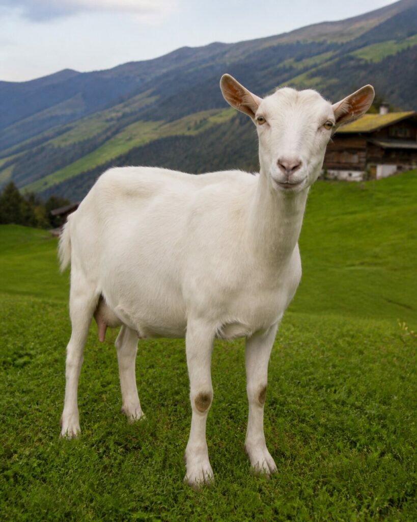 Herbe alpine et robe blanche — Chèvre domestique blanche