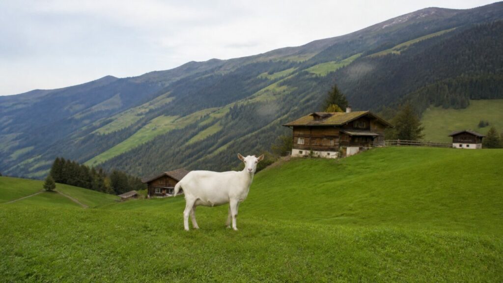 Montagnes lointaines autour de la chèvre blanche — Chèvre domestique blanche