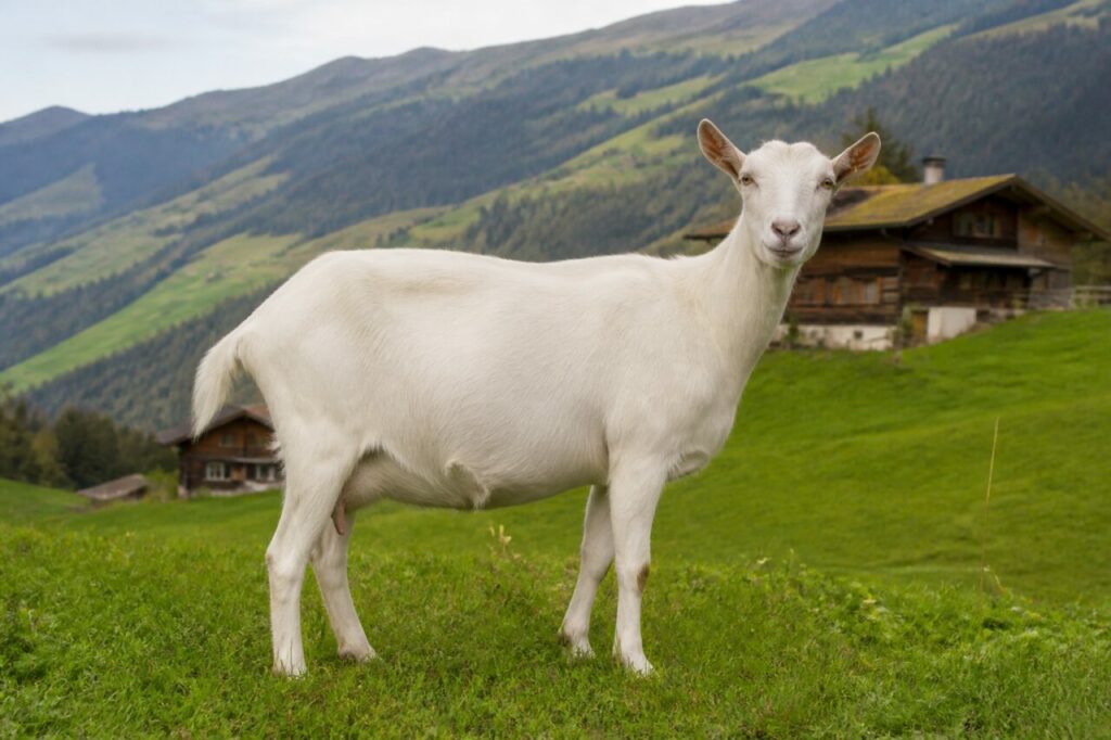 Chèvre Saanen adulte dans un pâturage du Saanenland, Suisse