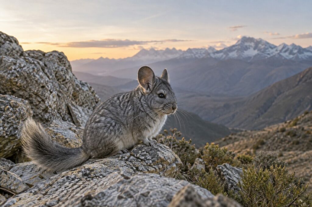 Long-tailed chinchilla — perched beside pale mountain rocks