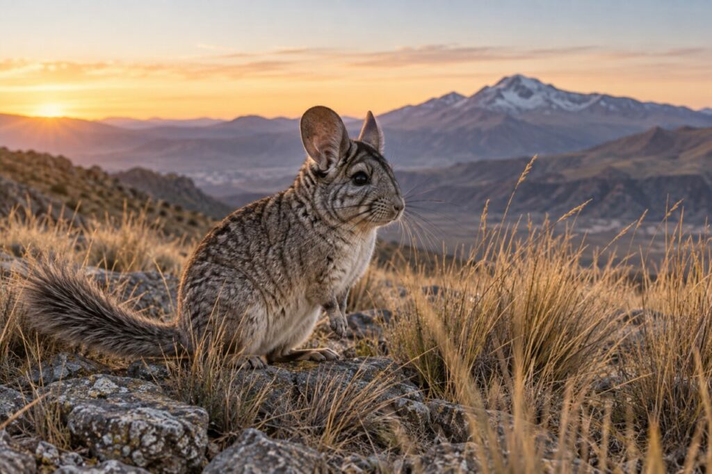 Long-tailed chinchilla — standing among dry tussocks at dawn