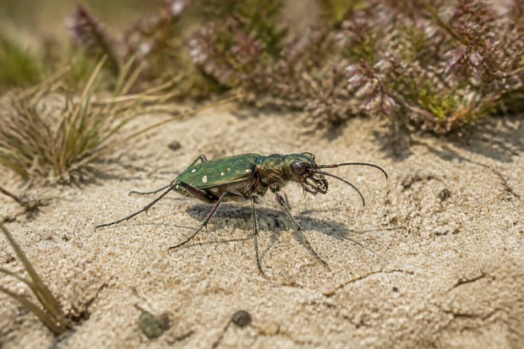 Cicindela verde sulla sabbia chiara della brughiera europea