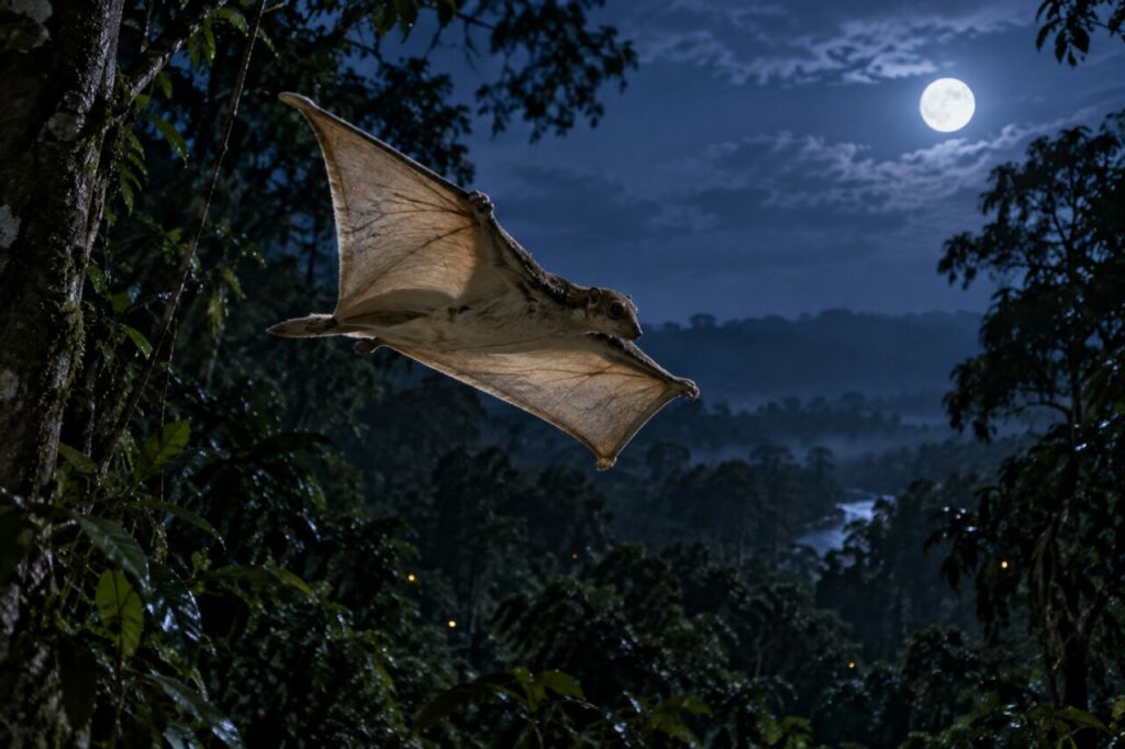 Clairière sous la lune — colugo de la Sonde (Galeopterus variegatus), franchissant l’espace entre les arbres tropicaux