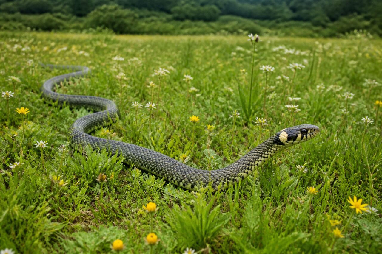 Couleuvre à collier Natrix natrix au corps sinueux traversant une prairie humide fleurie