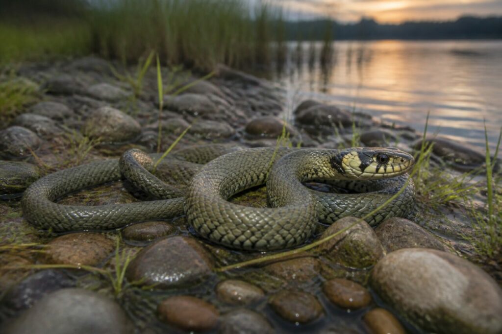 Couleuvre à collier Natrix natrix lovée sur une berge pierreuse au crépuscule