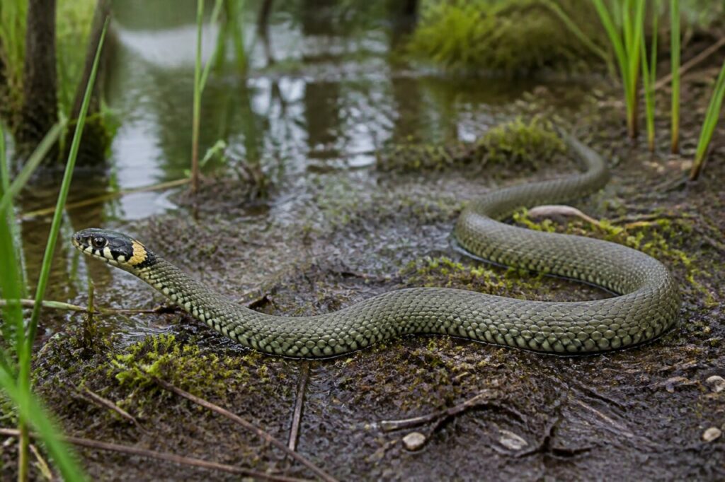 Culebra de collar Natrix natrix solitaria junto a un estanque forestal con luz suave de mañana
