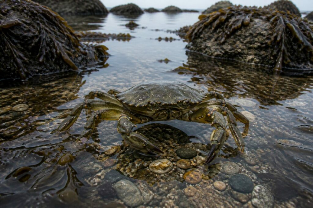Crabe vert européen face à l’objectif dans une flaque de marée entre rochers atlantiques