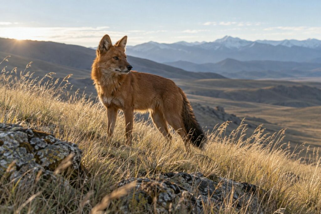 Crête des herbes — dhole d’Asie (Cuon alpinus), progressant dans l’herbe dorée