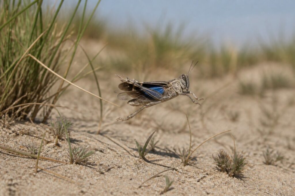 Criquet à ailes bleues en plein saut au-dessus d’une dune littorale européenne