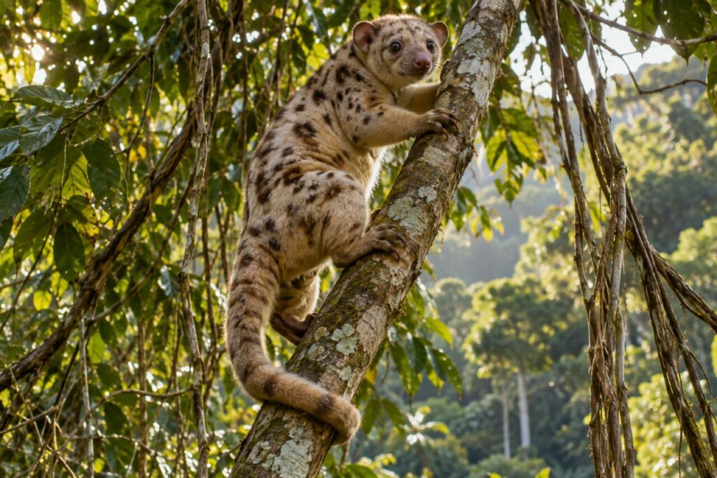 Parmi les lianes, un couscous tacheté agrippé à l’arbre