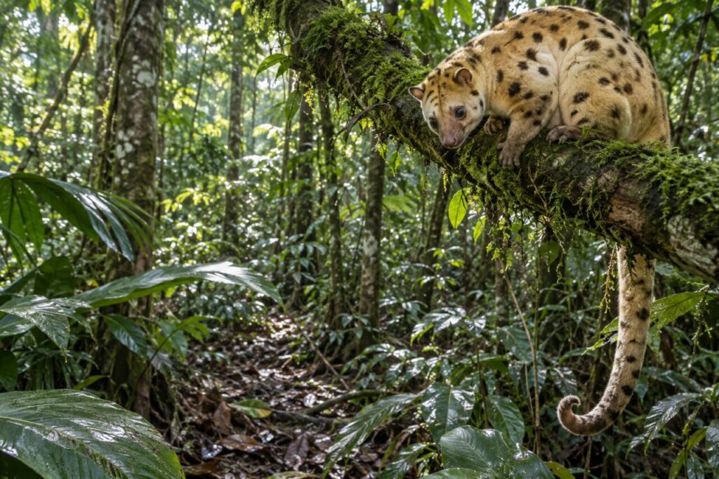 Au-dessus du sous-bois, un couscous tacheté sur une branche
