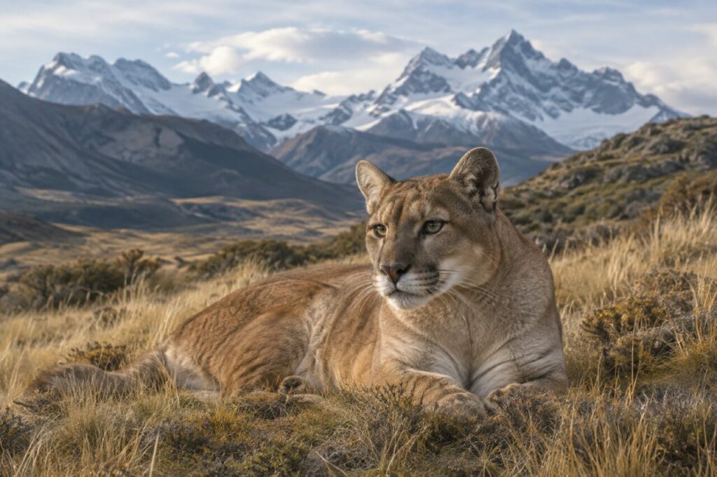 Dans l’herbe dorée — puma (Puma concolor) au fond d’une vallée d’altitude devant les sommets enneigés