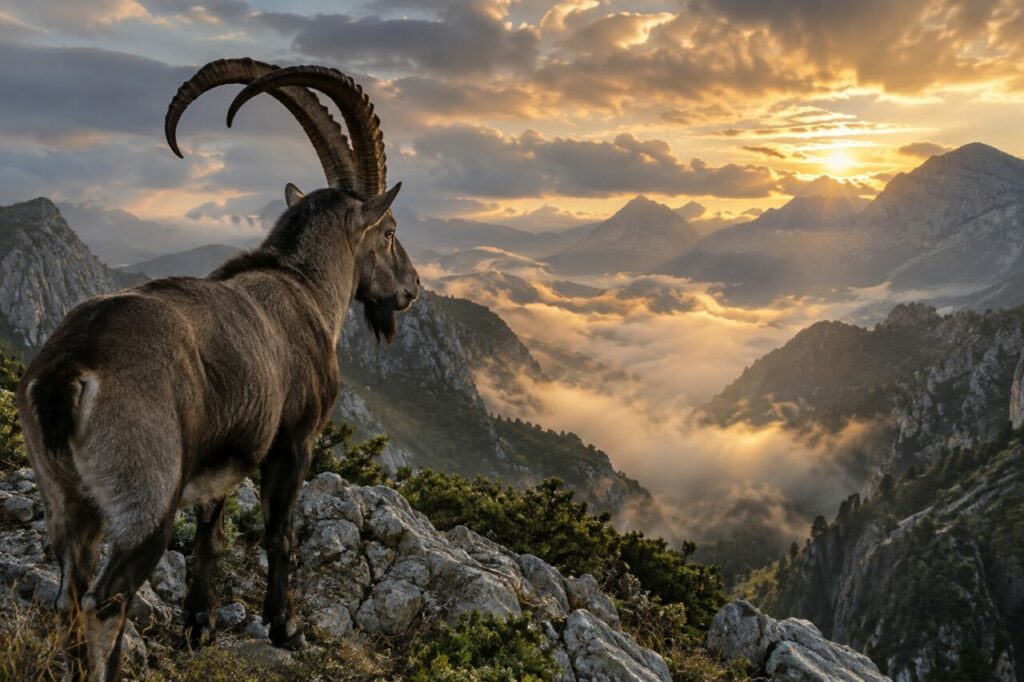 Dans la brume, bouquetin ibérique sur l’arête
