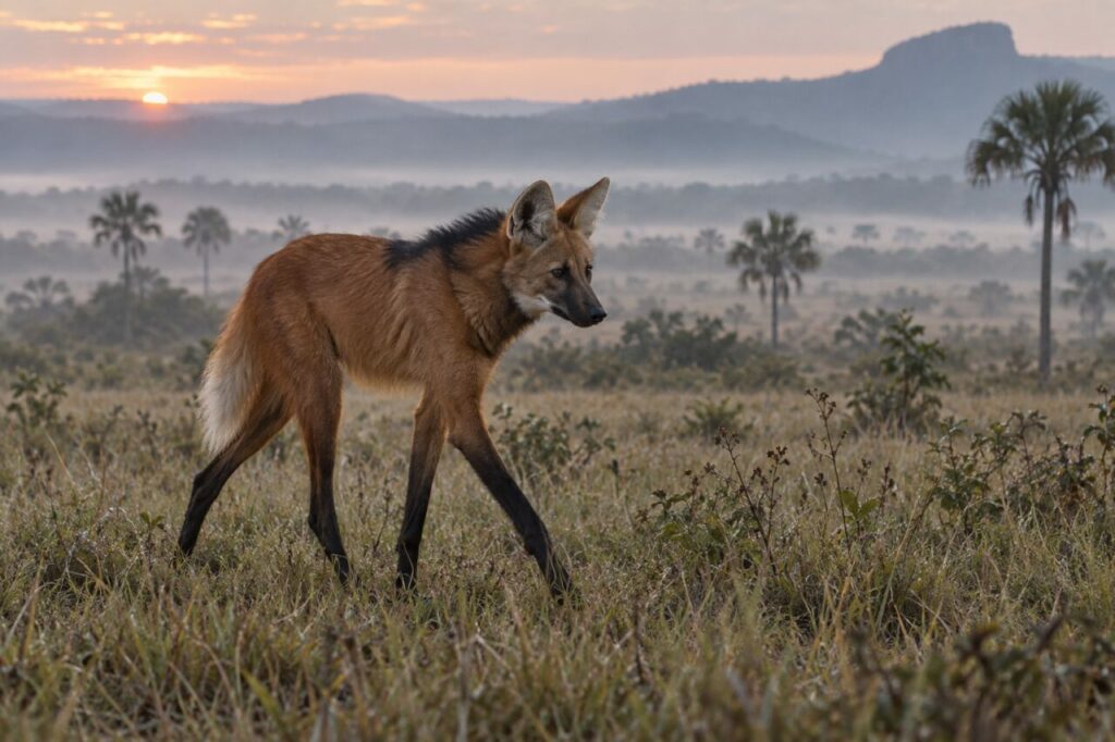 Brume matinale du cerrado — loup à crinière (Chrysocyon brachyurus) avançant dans une savane ouverte