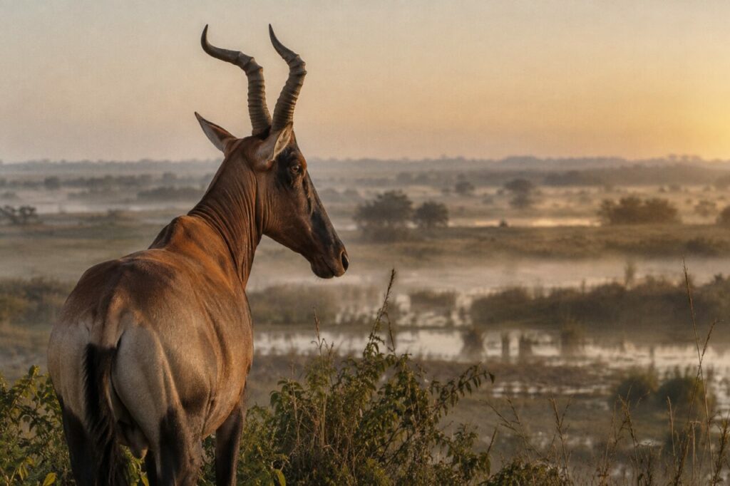 Dans la brume, mâle bubale commun face à la plaine