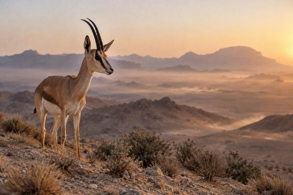 Dans la brume, mâle gazelle dorcas face à la vallée désertique