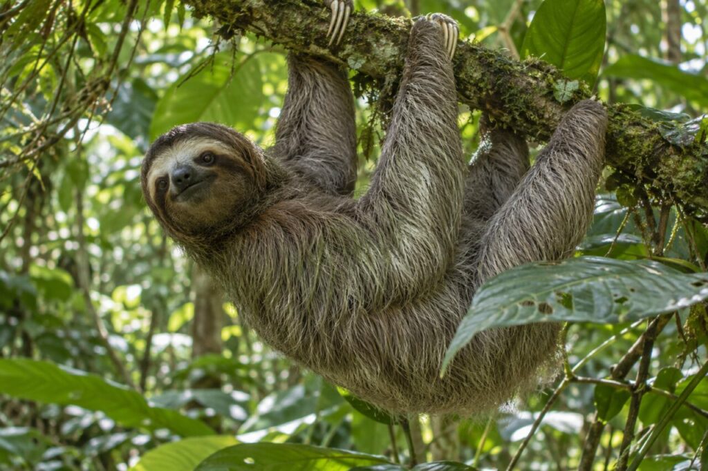 Dans la canopée — paresseux à gorge brune (Bradypus variegatus) sur une branche moussue de forêt humide
