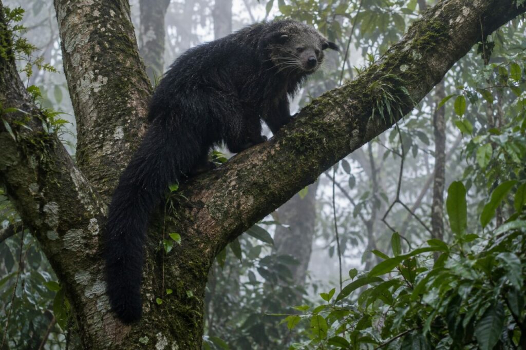 Dans la forêt brumeuse, binturong à longue queue sur une branche fourchue (Arctictis binturong)