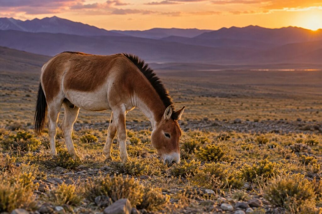 Dans la lumière du soir, kiang du Tibet parmi les buissons