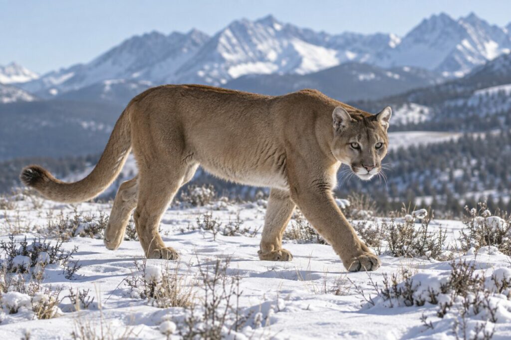 Dans la neige — puma (Puma concolor) traversant une prairie montagneuse poudrée de neige