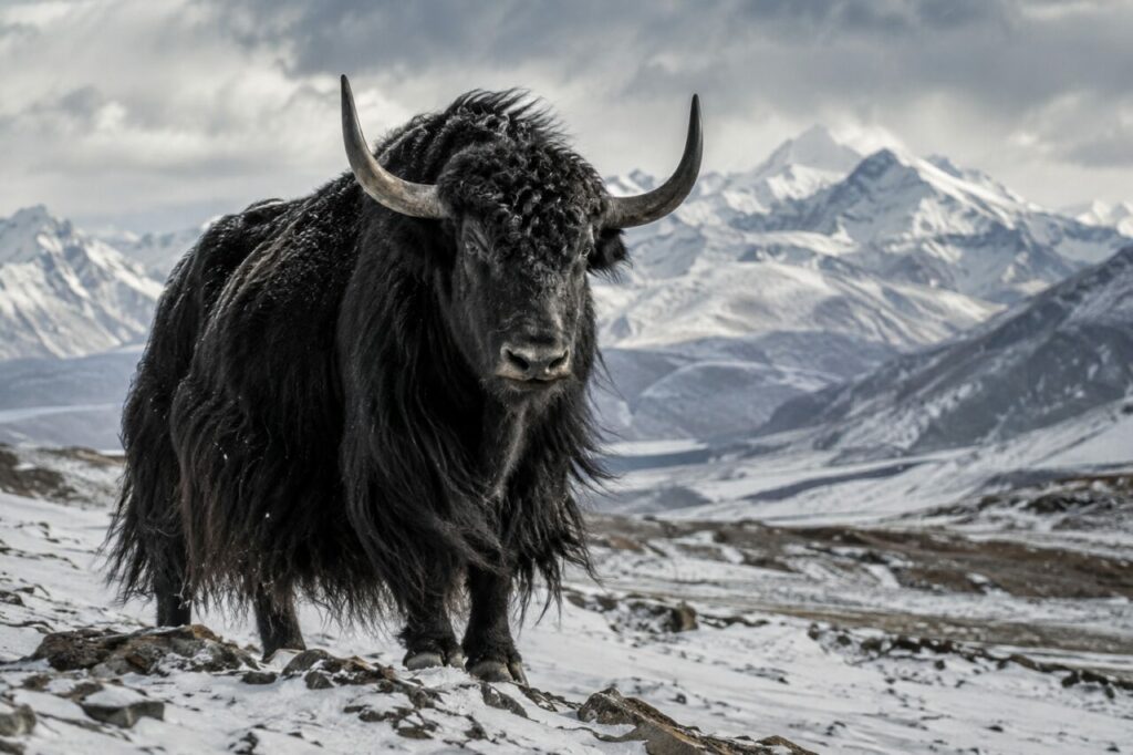 Dans la neige — yack sauvage (Bos mutus) sur un versant enneigé sous un ciel chargé