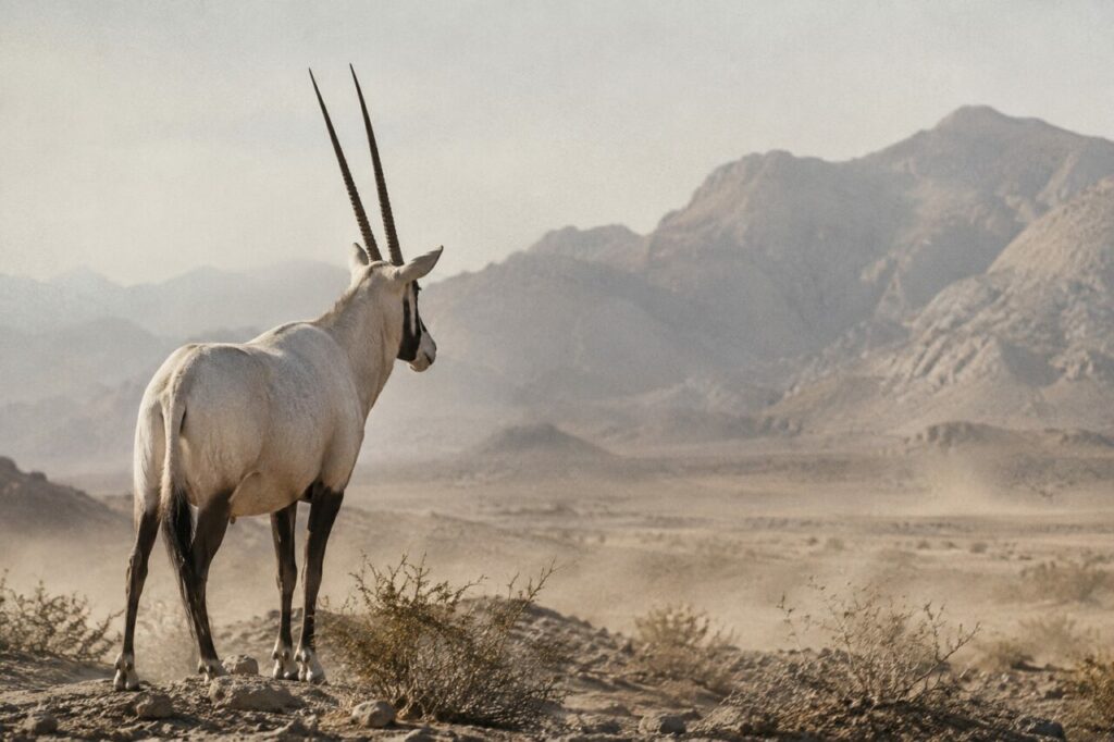 Dans la poussière, mâle oryx arabe face à l’horizon