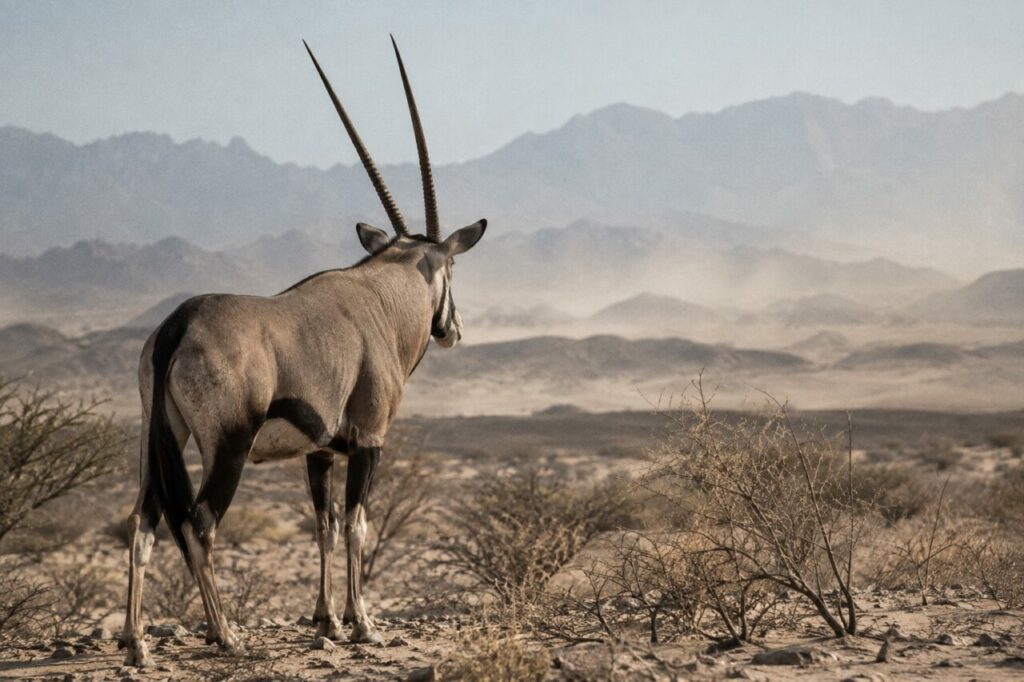 Dans la poussière, mâle oryx beisa face à l’horizon