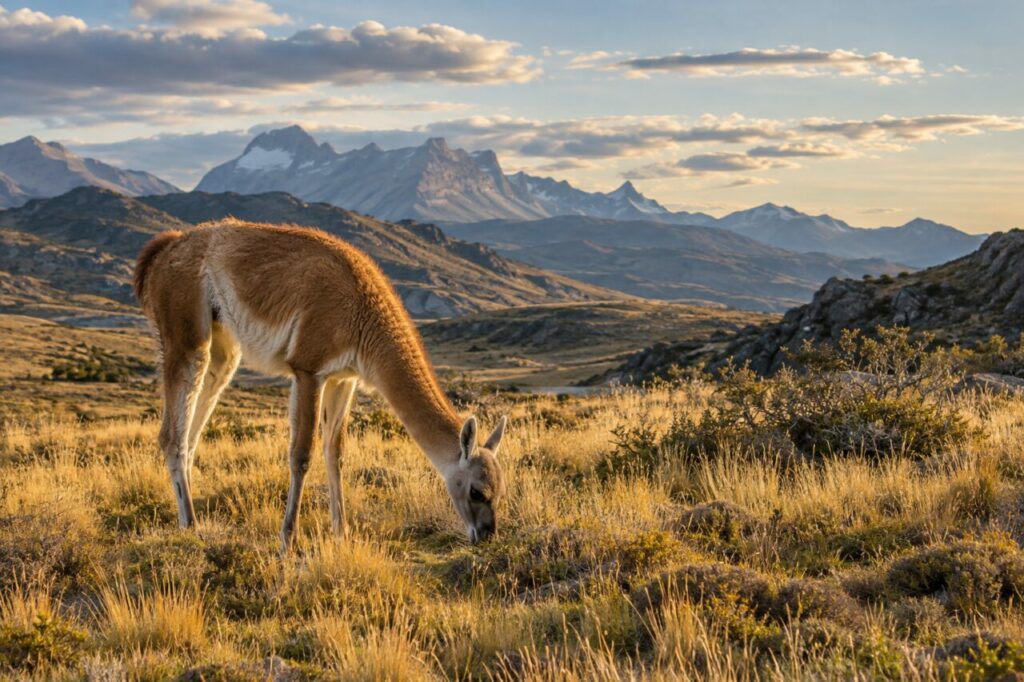 Dans la steppe — guanaco (Lama guanicoe) dans la steppe patagonienne aux herbes dorées