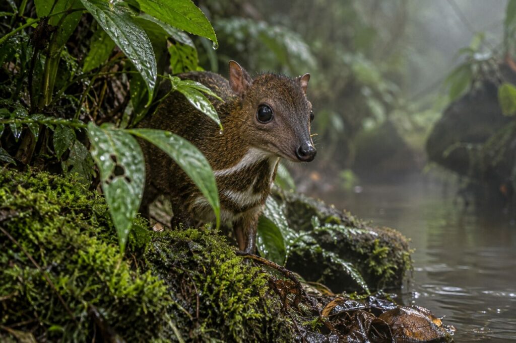 Dans la végétation humide, chevrotain aquatique face à la brume