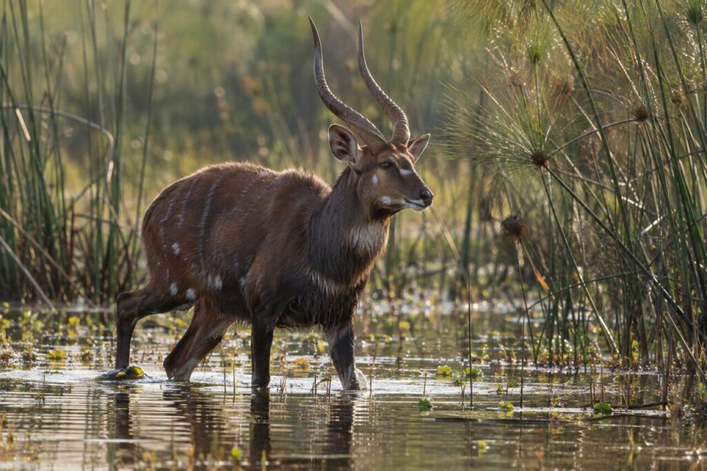 Dans le marais, sitatunga dans le marais