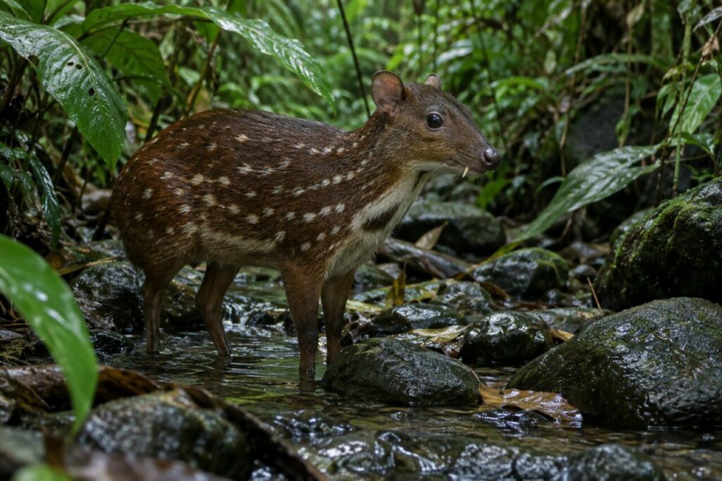 Dans le ruisseau, chevrotain aquatique sous les feuilles