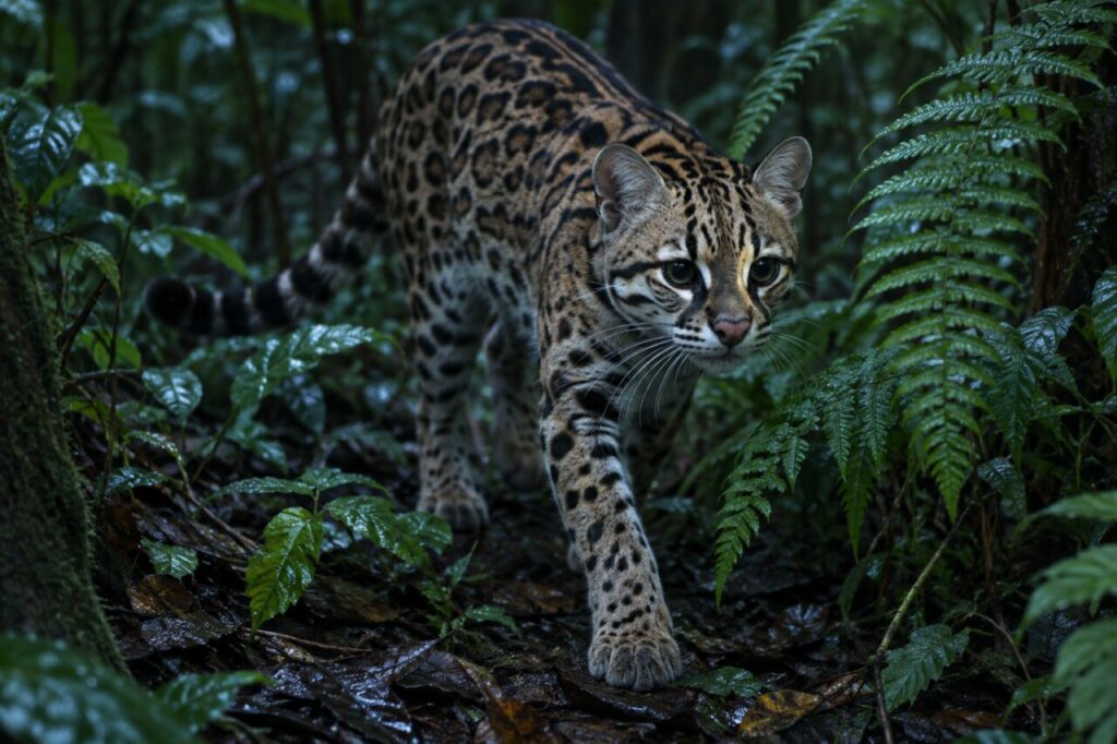Dans les fougères — ocelot (Leopardus pardalis) émergeant entre les fougères du sol forestier