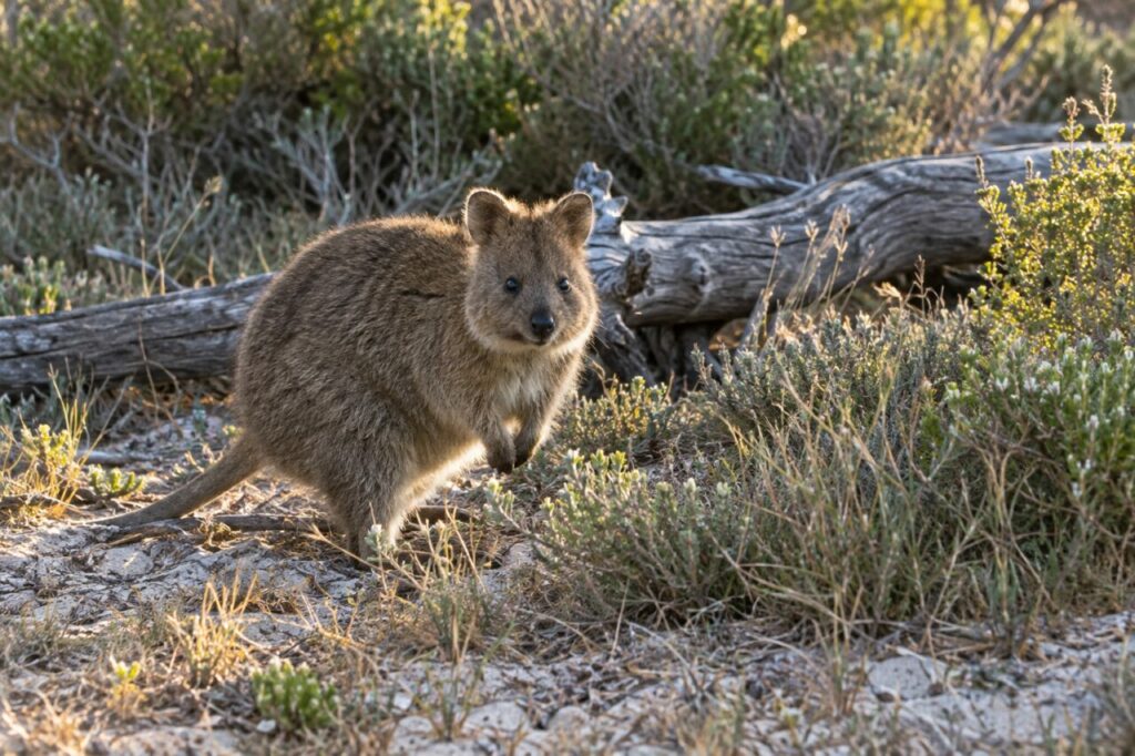 Dans une lande côtière, quokka compact entre arbustes et tronc (Setonix brachyurus)