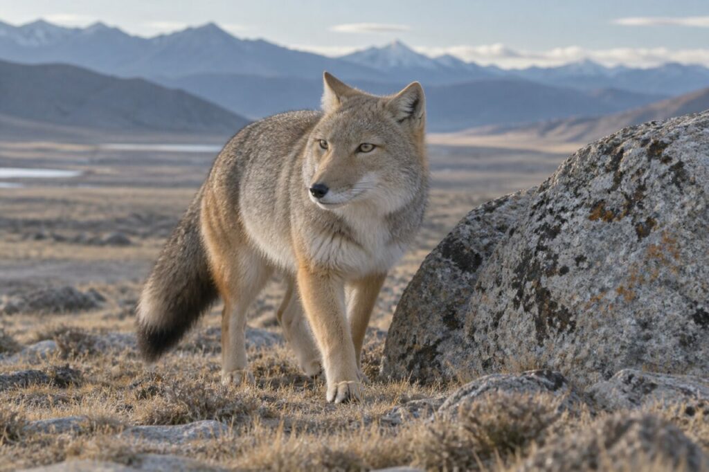 Dans une vallée d’altitude, un renard du Tibet contourne un bloc de granit