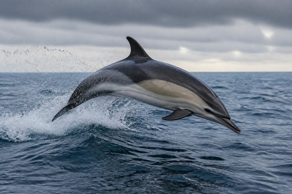 Gewöhnlicher Delfin springt vor der europäischen Atlantikküste über eine Welle