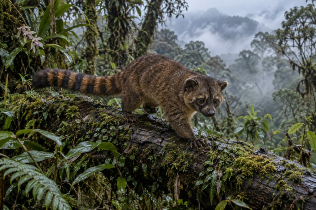 Déplacement de l’olinguito sur un tronc couché dans la brume