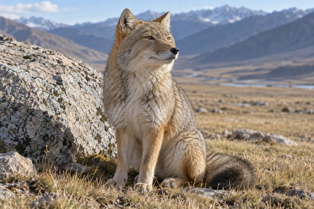 Depuis le rocher, un renard du Tibet observe les crêtes bleutées