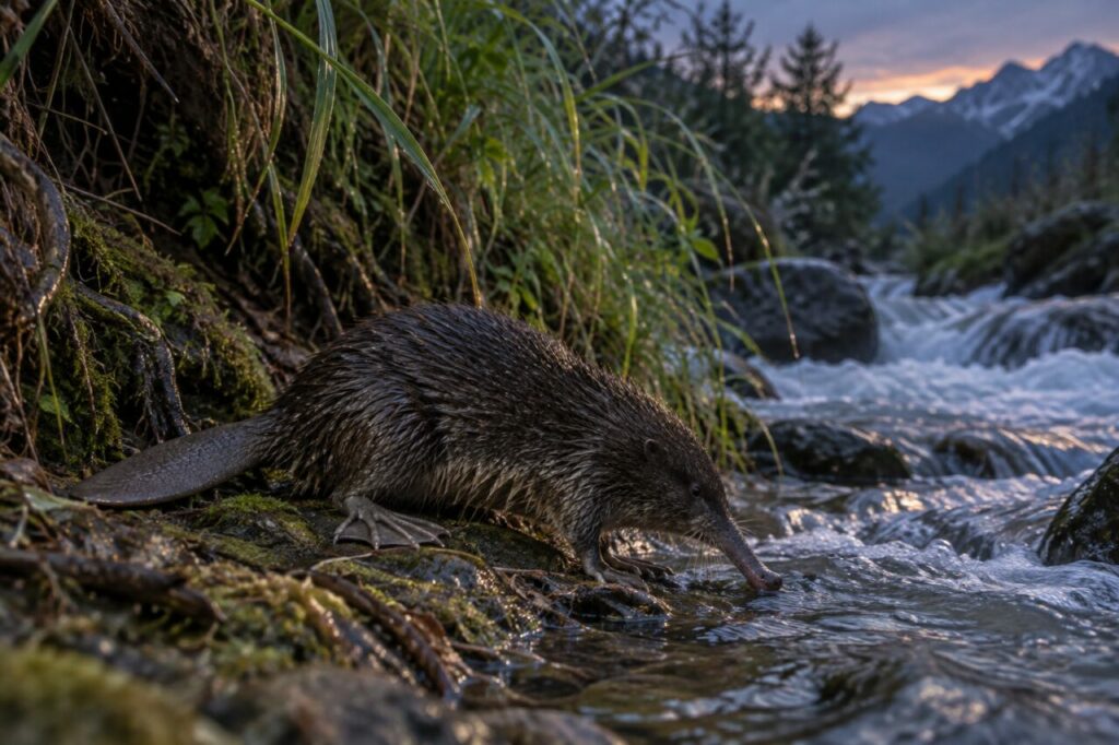 Au crépuscule, le desman des Pyrénées fouille les herbes de la berge