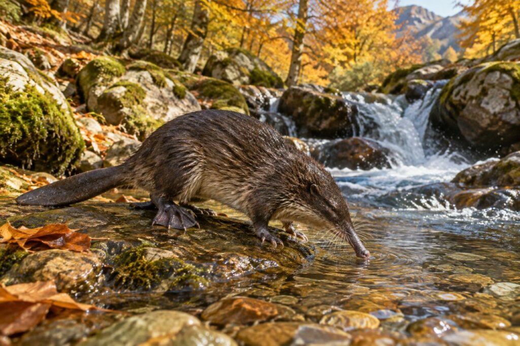 Sous les hêtres d’automne, un desman des Pyrénées explore le torrent