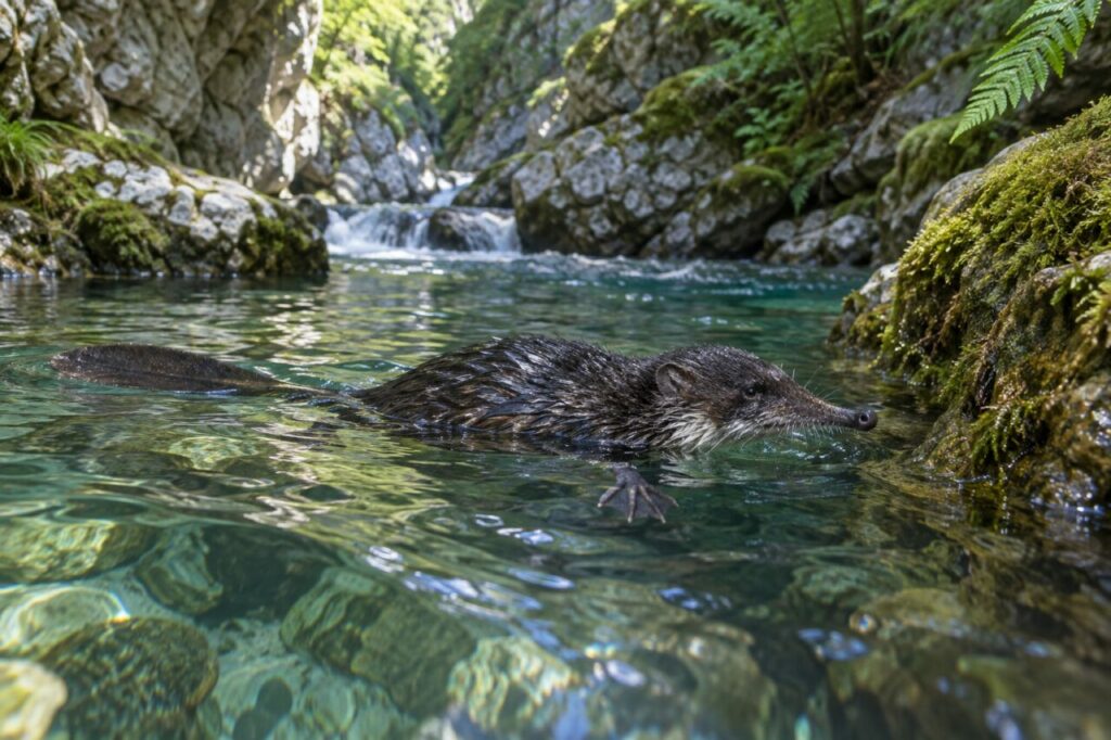 Dans une gorge calcaire, le desman des Pyrénées nage en eau turquoise