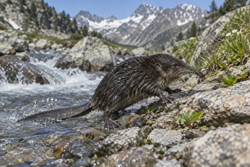 Sur une grève de granit, le desman des Pyrénées quitte l’eau de fonte